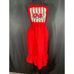 Vintage Festive Christmas Long Red Apron Poinsettias and Ruffled Bib, Pocket